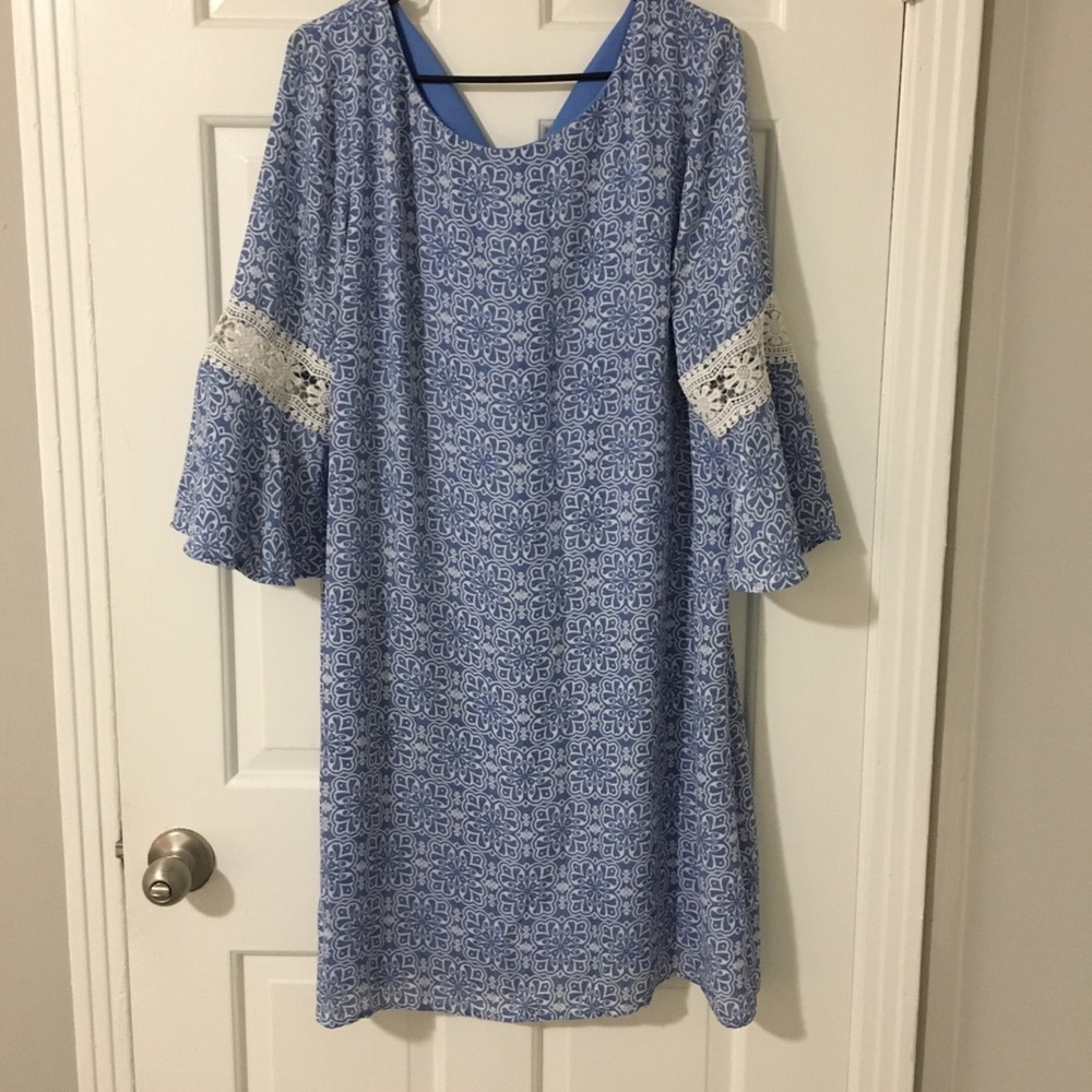 Blue Flowy Dress with Lace & Bell Sleeves